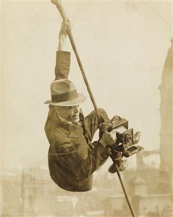 (PHOTO FUN) Pair of variant photographs depicting a daredevil stunt by the Philadelphian photojournalist Walter Crail.